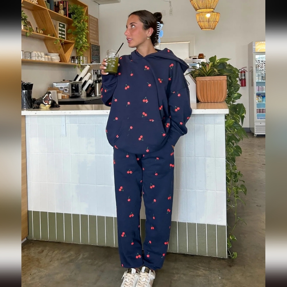 Navy Hoodie and Sweatpants Set with Cherry Print